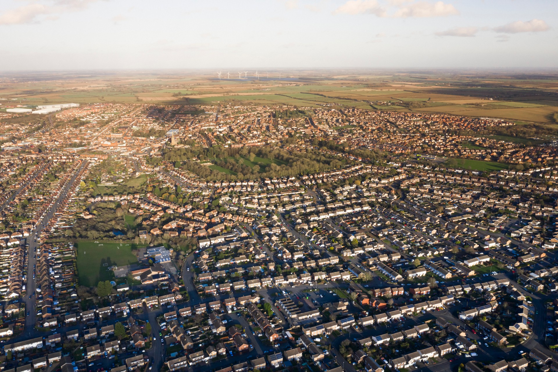 Aerial top view united kingdom hosing urban masterplan sunset